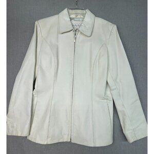 Vintage Worthington Women's White Leather Zip Collared Jacket Small USED
